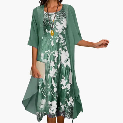 Floral 2-Piece Midi Dress Set Sheer Overlay Cardigan Style