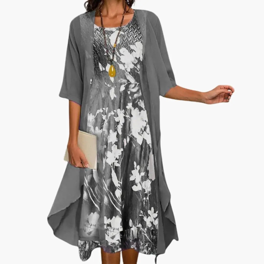 Floral 2-Piece Midi Dress Set Sheer Overlay Cardigan Style