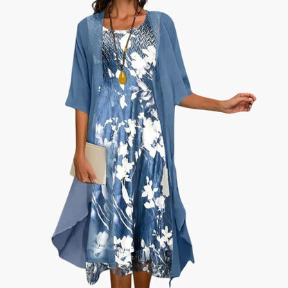 Floral 2-Piece Midi Dress Set Sheer Overlay Cardigan Style