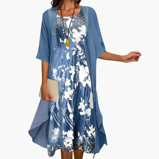 Floral 2-Piece Midi Dress Set Sheer Overlay Cardigan Style