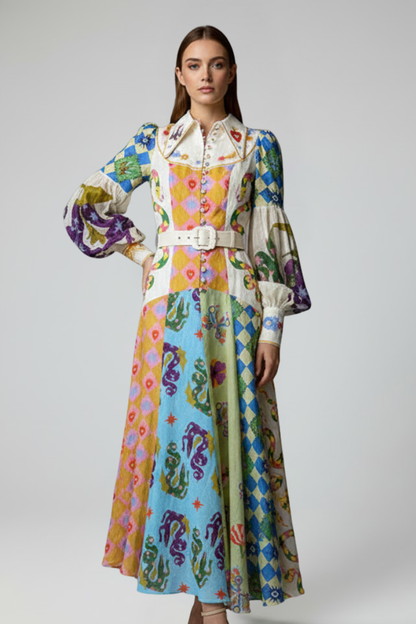 Women's Maxi Dress V-Neck Long Sleeves Printed