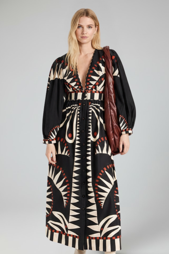 Women's Maxi Dress V-Neck Long Sleeves Printed