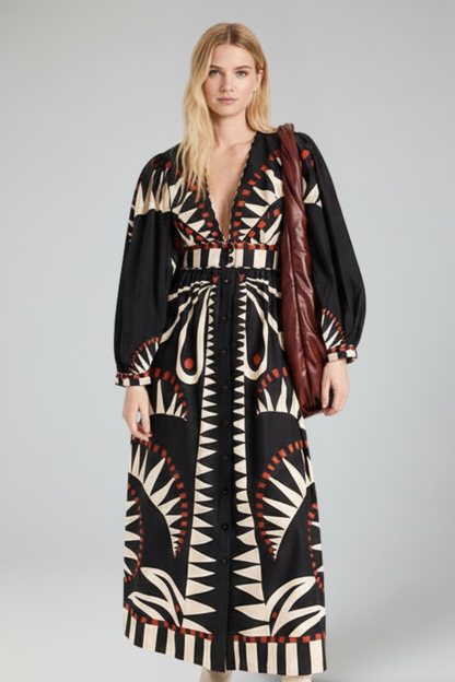 Women's Maxi Dress V-Neck Long Sleeves Printed