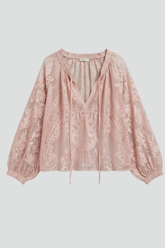 Women's Sheer Crochet Tie Blouse with Long Sleeves