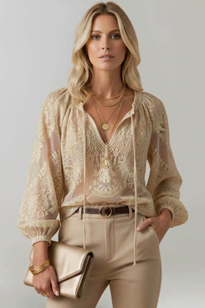 Women's Sheer Crochet Tie Blouse with Long Sleeves
