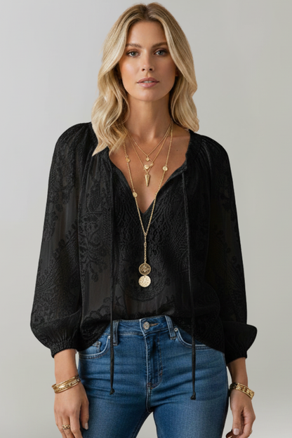 Women's Sheer Crochet Tie Blouse with Long Sleeves