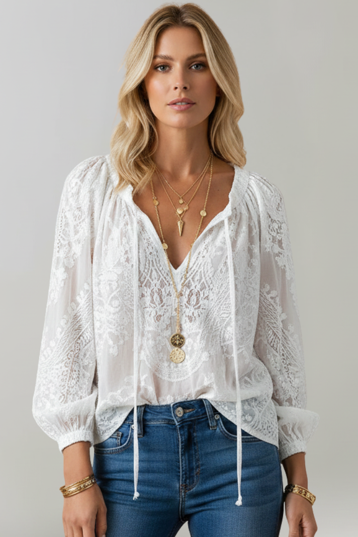 Women's Sheer Crochet Tie Blouse with Long Sleeves