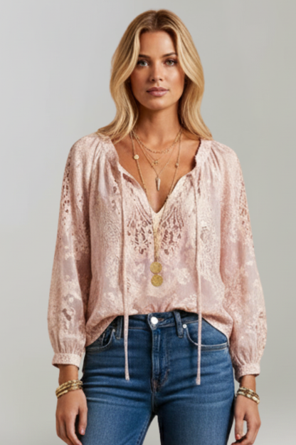 Women's Sheer Crochet Tie Blouse with Long Sleeves