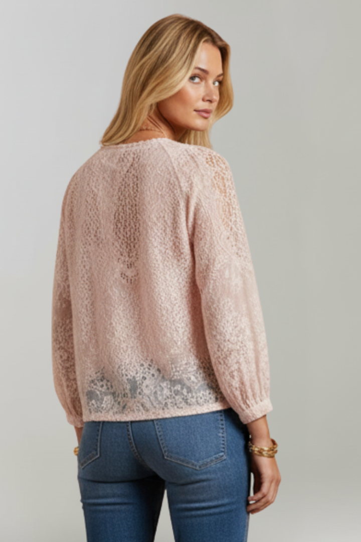 Women's Sheer Crochet Tie Blouse with Long Sleeves