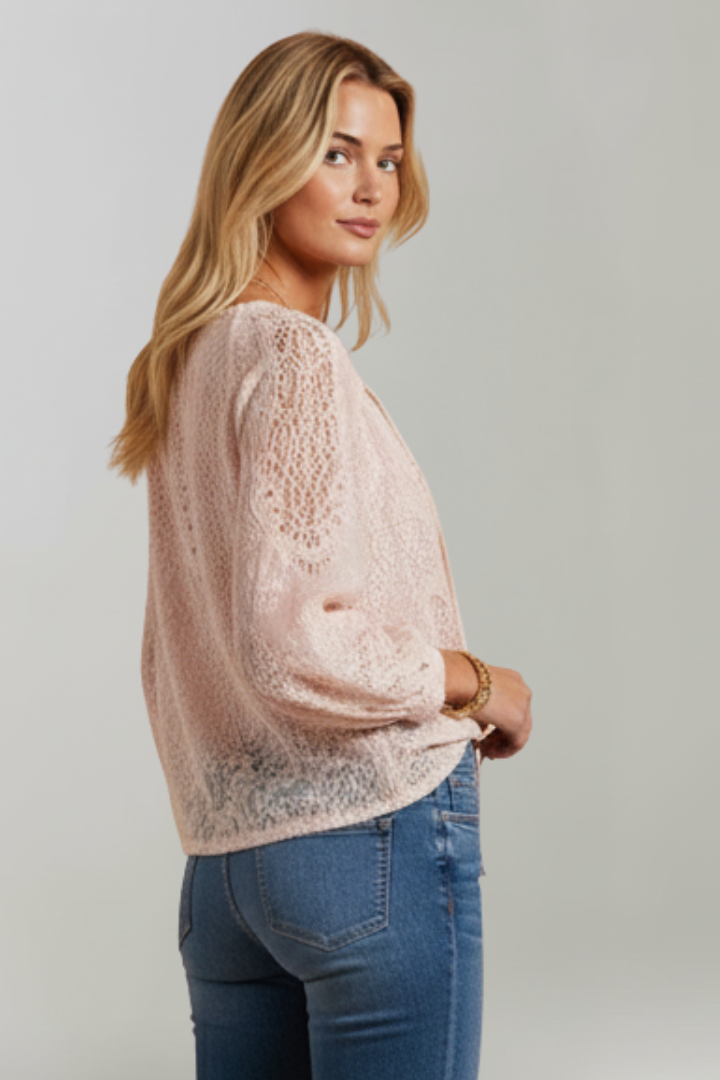 Women's Sheer Crochet Tie Blouse with Long Sleeves