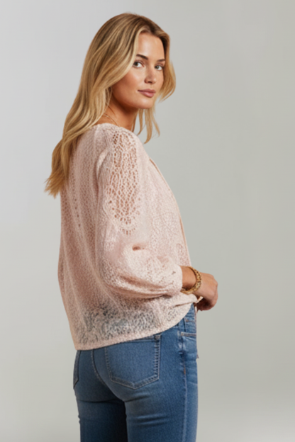 Women's Sheer Crochet Tie Blouse with Long Sleeves