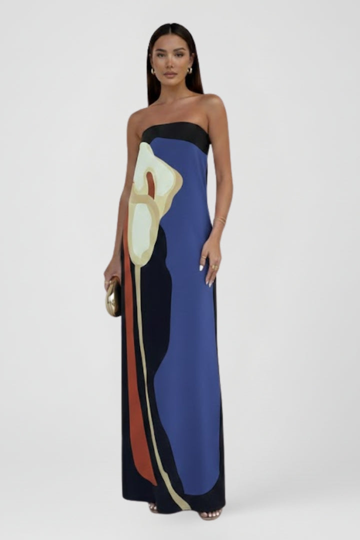 Women's Strapless Maxi Dress with Abstract Floral Print