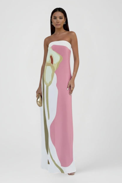 Women's Strapless Maxi Dress with Abstract Floral Print