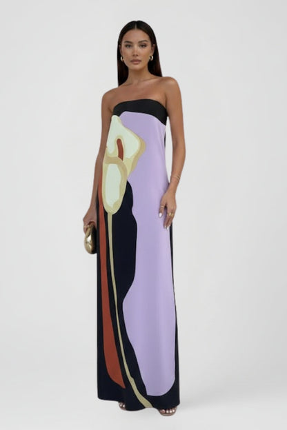 Women's Strapless Maxi Dress with Abstract Floral Print