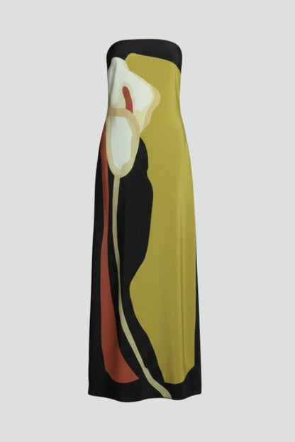 Women's Strapless Maxi Dress with Abstract Floral Print