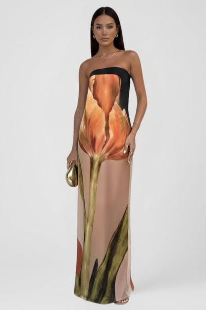 Women's Strapless Maxi Dress with Abstract Floral Print