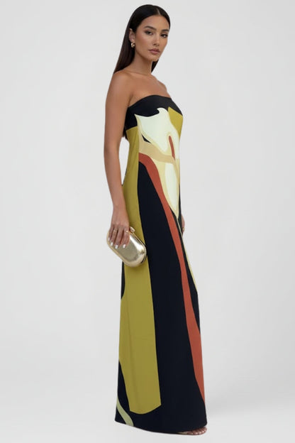 Women's Strapless Maxi Dress with Abstract Floral Print