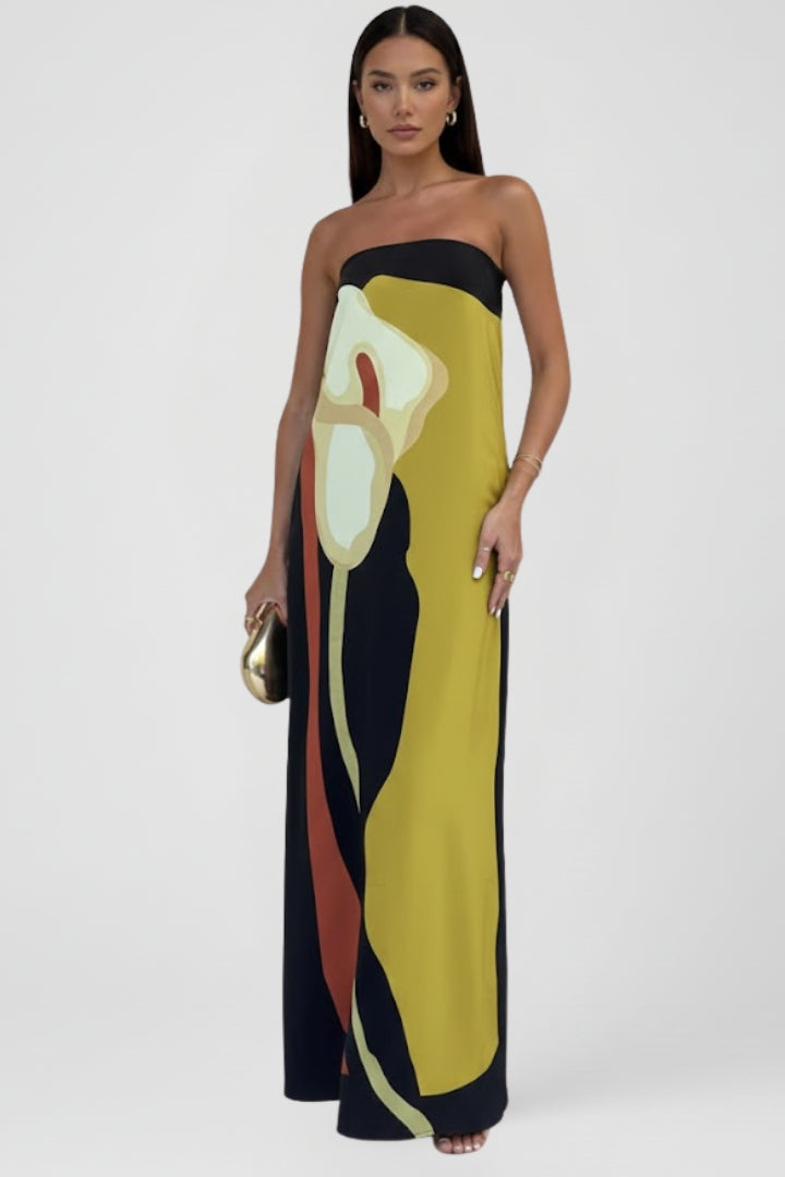 Women's Strapless Maxi Dress with Abstract Floral Print