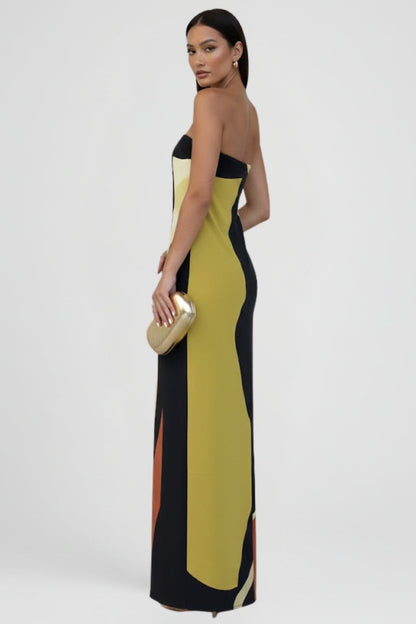 Women's Strapless Maxi Dress with Abstract Floral Print
