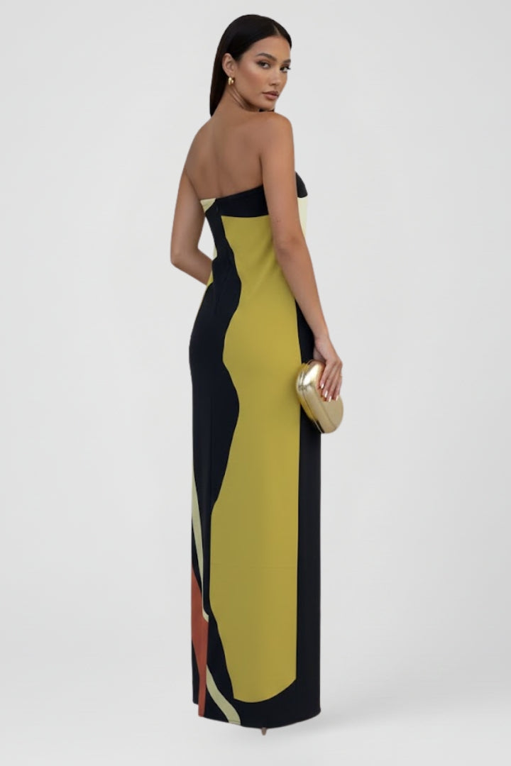 Women's Strapless Maxi Dress with Abstract Floral Print