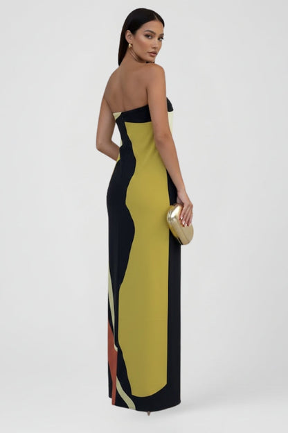 Women's Strapless Maxi Dress with Abstract Floral Print