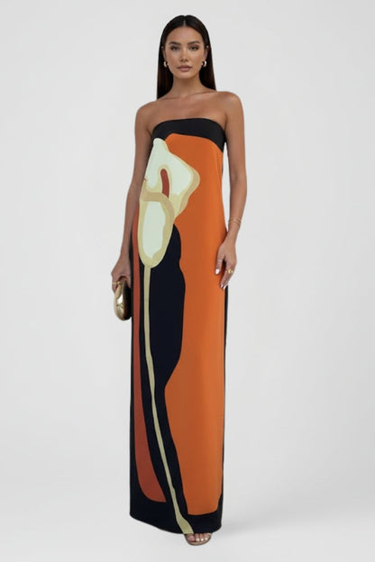 Women's Strapless Maxi Dress with Abstract Floral Print