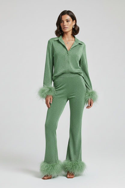 Women's Two Piece Set Button Shirt Feather Trim Pants