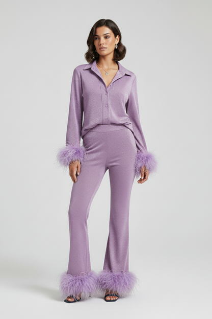 Women's Two Piece Set Button Shirt Feather Trim Pants