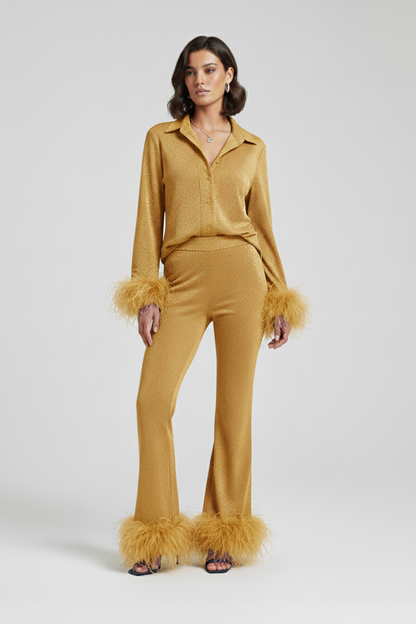 Women's Two Piece Set Button Shirt Feather Trim Pants