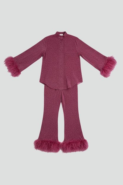 Women's Two Piece Set Button Shirt Feather Trim Pants