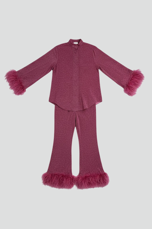 Women's Two Piece Set Button Shirt Feather Trim Pants