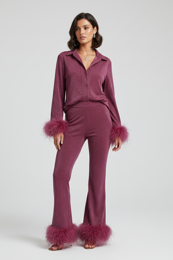 Women's Two Piece Set Button Shirt Feather Trim Pants