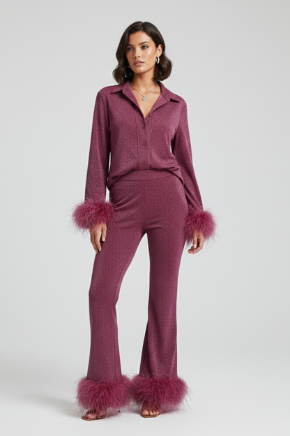 Women's Two Piece Set Button Shirt Feather Trim Pants