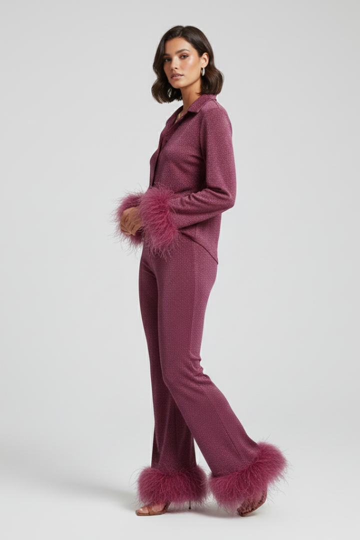 Women's Two Piece Set Button Shirt Feather Trim Pants