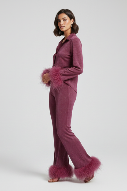 Women's Two Piece Set Button Shirt Feather Trim Pants