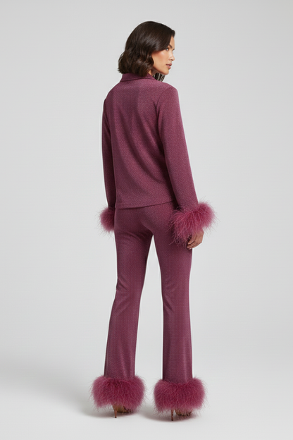Women's Two Piece Set Button Shirt Feather Trim Pants