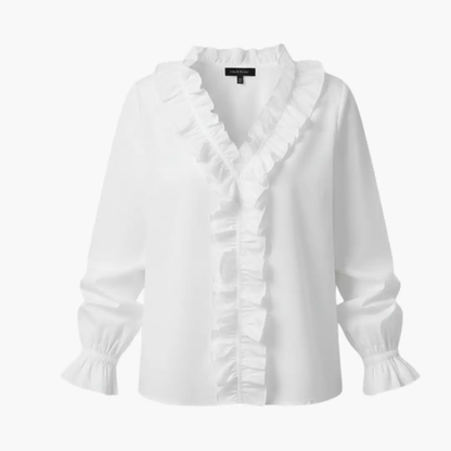 Elegant Long Sleeve Ruffle Trim V-Neck Blouse