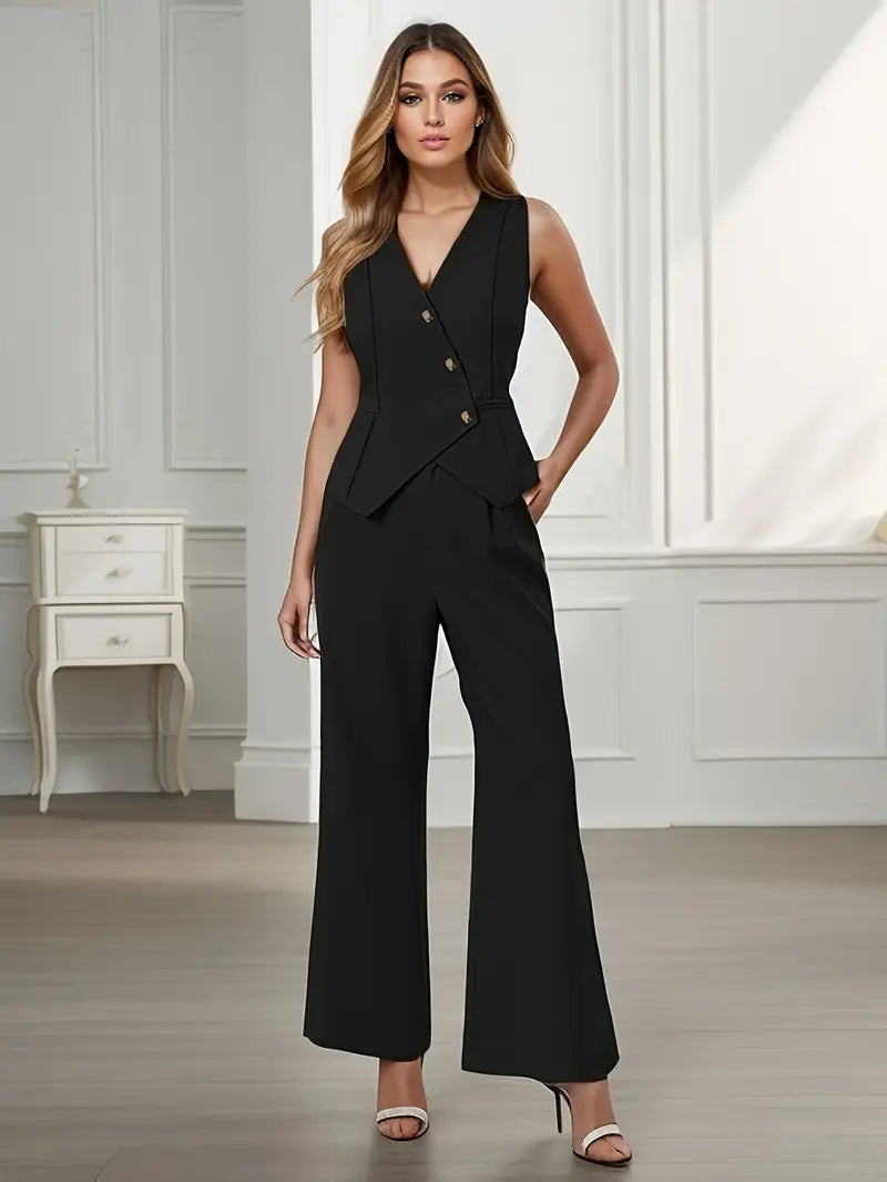 Elegant Women’s Sleeveless Vest and Wide Leg Buttoned Trousers Set