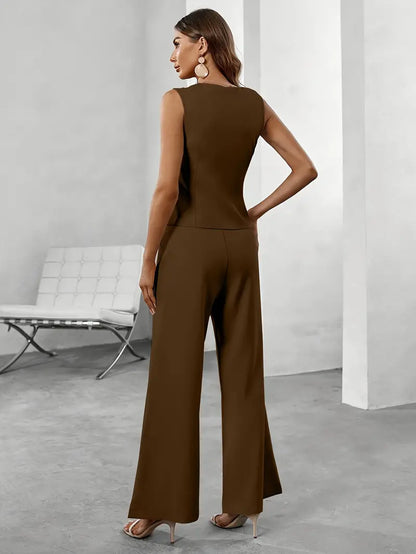 Elegant Women’s Sleeveless Vest and Wide Leg Buttoned Trousers Set
