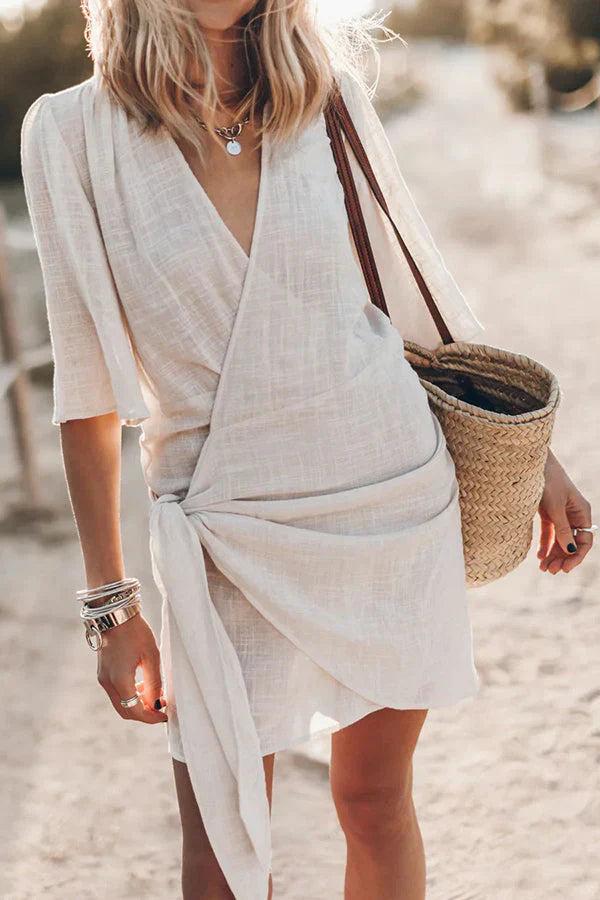Elegant Women’s Wrap Mini Dress with Tie Waist and Short Sleeves