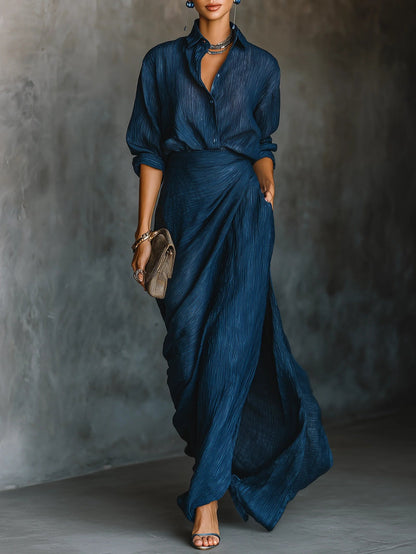 Women’s Elegant Two-Piece Maxi Skirt Set with Draped Blouse