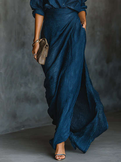Women’s Elegant Two-Piece Maxi Skirt Set with Draped Blouse