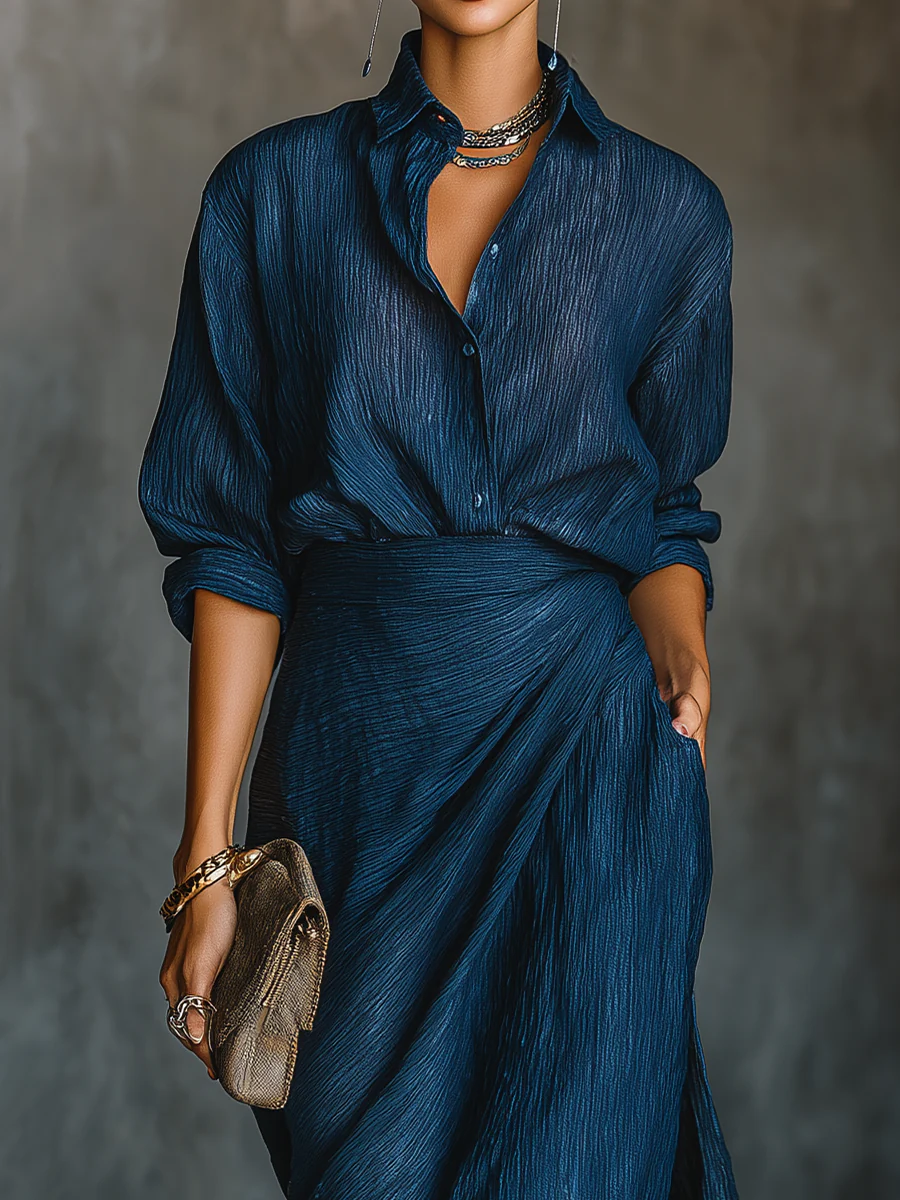 Women’s Elegant Two-Piece Maxi Skirt Set with Draped Blouse