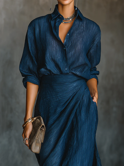 Women’s Elegant Two-Piece Maxi Skirt Set with Draped Blouse