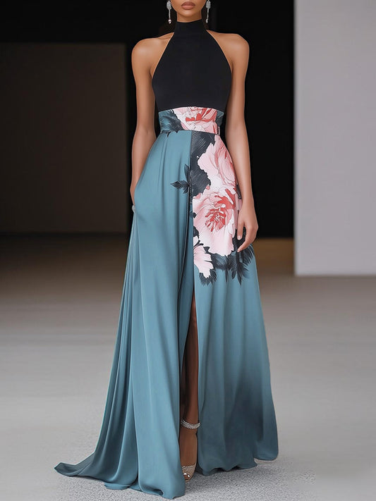 Elegant Halter Neck Maxi Dress Women Floral Print