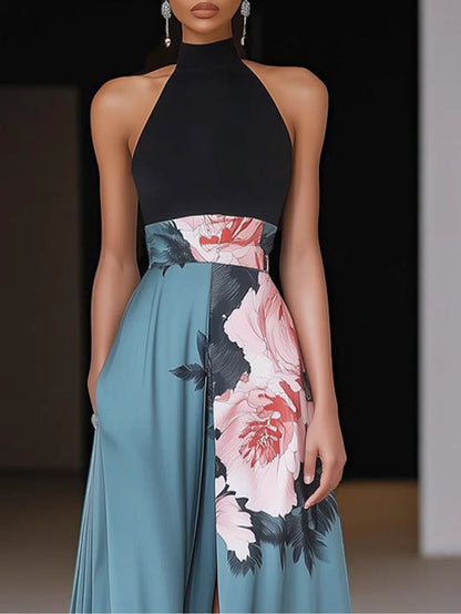 Elegant Floral Halter Maxi Evening Dress for Women