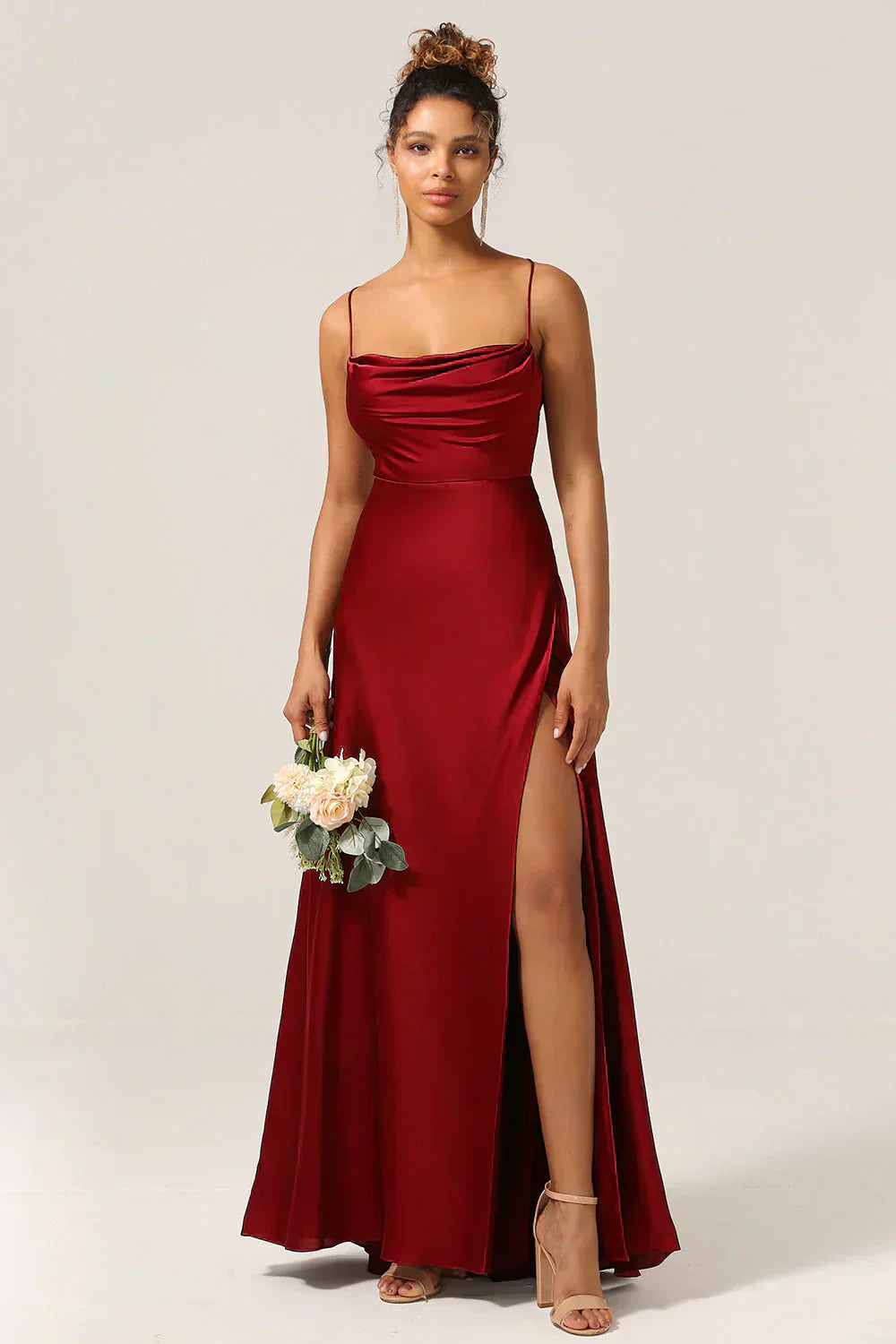 Alvaree Satin Maxi Evening Dress with High Slit and Open Back