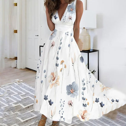 Women's Sleeveless V-Neck Maxi Dress with Beautiful Floral Design