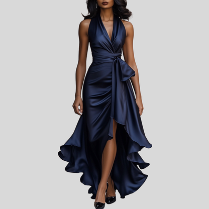 Women's Satin Wrap Evening Maxi Dress with Deep V-Neckline