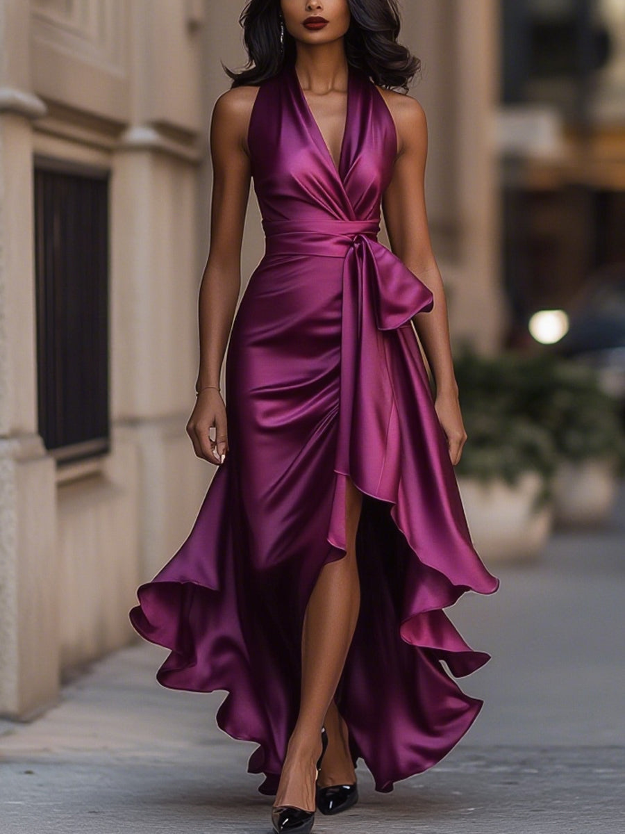 Women's Satin Wrap Evening Maxi Dress with Deep V-Neckline